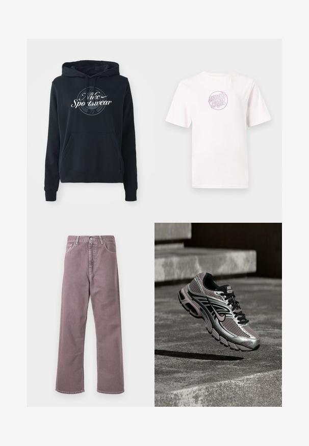 Čierna mikina s kapucňou vyrobená z bavlnenej zmesi, vybavená predným kloktacím vreckom, kapucňou so šnúrkou a kruhovou grafikou s textom "Nike Sportswear".; Biely bavlnený tričko s krátkymi rukávmi, v strede s oblečeným ružovým vyšitým logom a štylizovaným textom.; Široké nohavice v tlmenom odtieni levandule, vyrobené z denimu. Majú päť vreciek, zapínanie na gombík a diskrétne stehenné detaily.; Behácka obuv Nike Air Max so striebornou, čiernou a fialovou sieťovinou, zobrazená vo vzduchu nad betónovým povrchom a schodmi.