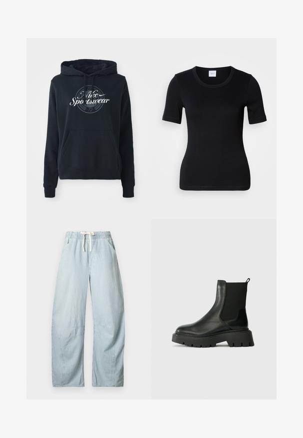 Schwarzer Hoodie aus einem Baumwoll-Blend-Gewebe mit einer vorderen Kängurutasche, Kapuze mit Kordelzug und einem kreisförmigen Grafik mit dem Text "Nike Sportswear".; Schwarzes kurzärmeliges T-Shirt aus weicher Baumwolle. Verfügt über einen runden Ausschnitt und eine schlanke Passform mit minimalen Nahtdetails.; Hellblaue und weiße, vertikal gestreifte, lockere Hose mit elastischem Bund und weißem Kordelzug, vordere Taschen und Knie-Nahtdetails.; Schwarze Lederknöchelstiefel mit elastischer Seitenpartie, grober Gummisohle und Ziehschlaufe. Verfügt über eine glatte Oberfläche und gerippte Akzente.