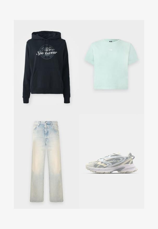 Schwarzer Hoodie aus einem Baumwoll-Blend-Gewebe mit einer vorderen Kängurutasche, Kapuze mit Kordelzug und einem kreisförmigen Grafik mit dem Text "Nike Sportswear".; Hellgrünes T-Shirt mit kurzen Ärmeln und Rundhalsausschnitt, mit kleinem weißen North Face-Logo mittig auf der Brust.; Hellblaue, weite Jeans aus Denim mit einem verwaschenen Finish, fünf Taschen und einem klassischen Knopfverschluss. Weicher Stoff und lockere Passform.; Mesh-Sportschuh in Grau und Creme, mit strukturiertem Obermaterial, verstärkter Spitze und einer hellen, robusten Laufsohle für besseren Halt.