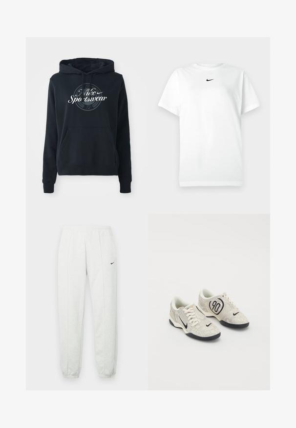 Sudadera negra hecha de una mezcla de algodón, con un bolsillo canguro frontal, capucha con cordones y un gráfico circular con el texto “Nike Sportswear”.; Camiseta de manga corta blanca con cuello redondo y pequeño logo de Nike en negro centrado debajo del escote.; Pantalones deportivos Nike de color gris claro con una cintura elástica, puños ajustados y un pequeño logo negro en el muslo izquierdo. Tela suave y texturizada.; Zapatillas Nike con un upper texturizado en beige y gris, acentos negros, un gran logo de "90" y un cierre de cordones blancos. Suela negra.