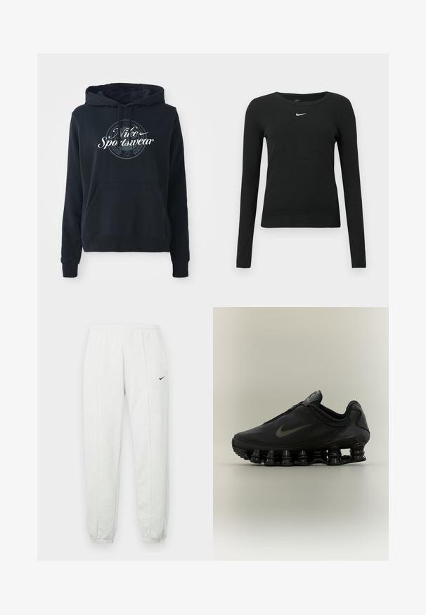 Sudadera negra hecha de una mezcla de algodón, con un bolsillo canguro frontal, capucha con cordones y un gráfico circular con el texto “Nike Sportswear”.; Camiseta negra ajustada de manga larga hecha de tela acanalada, con cuello redondo y un sutil logo blanco de Nike en el pecho.; Pantalones deportivos Nike de color gris claro con una cintura elástica, puños ajustados y un pequeño logo negro en el muslo izquierdo. Tela suave y texturizada.; Zapatilla negra Nike con parte superior con cremallera y suela distintiva segmentada en forma de resorte, mostrada de perfil sobre un fondo neutro.