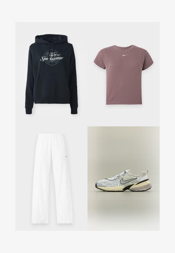 Sudadera negra hecha de una mezcla de algodón, con un bolsillo canguro frontal, capucha con cordones y un gráfico circular con el texto “Nike Sportswear”.; Camiseta corta de manga corta en color malva con cuello redondo y pequeño logo blanco de Nike centrado debajo del escote.; Pantalones deportivos blancos con cintura elástica y el logo negro de Nike en el muslo izquierdo, mostrados sobre un fondo liso.; Zapatilla Nike blanca y gris con parte superior de malla, logo swoosh negro, entresuela beige y suela negra sobre un fondo claro.