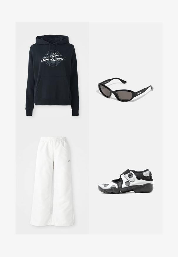 Čierna mikina s kapucňou vyrobená z bavlnenej zmesi, vybavená predným kloktacím vreckom, kapucňou so šnúrkou a kruhovou grafikou s textom "Nike Sportswear".; Biele športové nohavice so širokým strihom, elastickým pásom a malým čiernym logom Nike na ľavej strane. Hladký, ľahký materiál.; Čierno-biela športová obuv na nazúvanie s veľkými bodkami, nastaviteľným pásikom a hrubou polstrovanou podrážkou označenou "AIR".; Čierne slnečné okuliare s obdĺžnikovým rámom, tmavými šošovkami, hladkým plastovým materiálom a kovovým akcentom na ramene.
