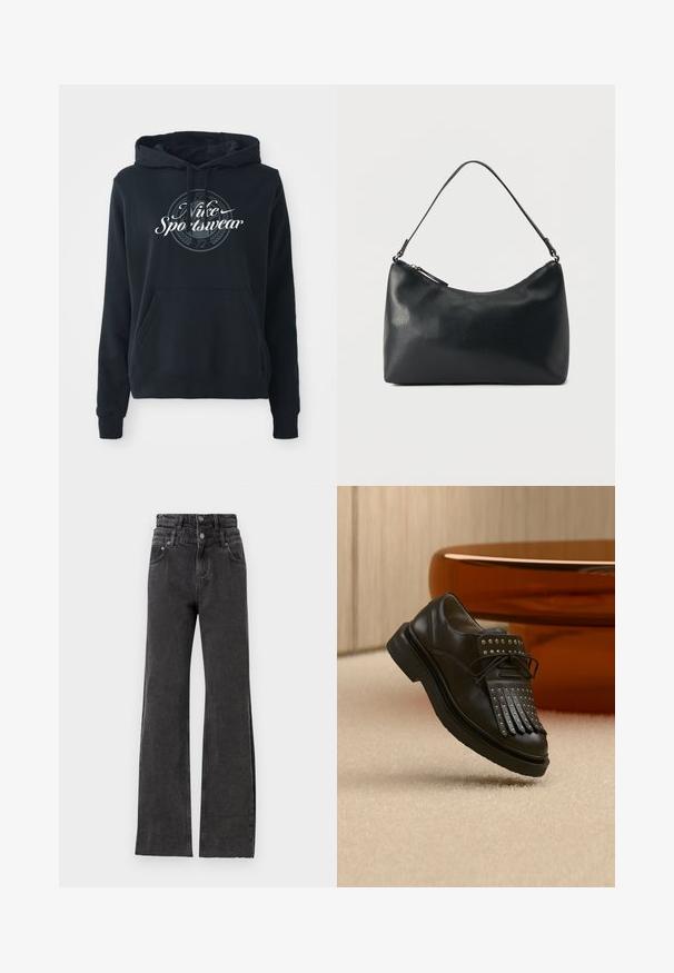 Čierna mikina s kapucňou vyrobená z bavlnenej zmesi, vybavená predným kloktacím vreckom, kapucňou so šnúrkou a kruhovou grafikou s textom "Nike Sportswear".; Čierne nohavice s vysokým pásom majú rovný strih, jemné opotrebovanie a kovové gombíky na páse.; Čierna kožená šnurovacia topánka s dekoratívnymi strapcami a kovovými nitmi položená na béžovom koberci pri hnedom nábytku.; Čierna textúrovaná kožená kabelka na rameno s oblúkovým horným zipsom a jedným nastaviteľným remienkom na jednoduchom pozadí.