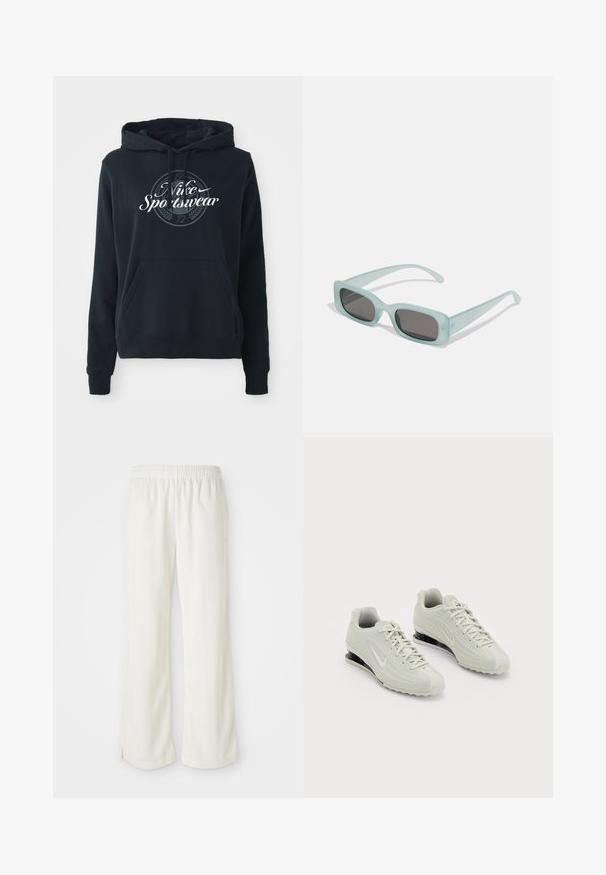 Čierna mikina s kapucňou vyrobená z bavlnenej zmesi, vybavená predným kloktacím vreckom, kapucňou so šnúrkou a kruhovou grafikou s textom "Nike Sportswear".; Krémyové nohavice s širokým strihom, vyrobené z ľahkého materiálu, s vertikálnymi pruhmi a elastickým pásom.; Biele tenisky Nike s textúrovaným zvrškom, s hladkým krytom priehlavku a čiernymi akcentmi na polstrovaní. Viazací štýl s vystuženou pätou.; Párik obdĺžnikových slnečných okuliarov s svetlomodrými priehľadnými rámami a tmavosivými sklami, s rovnými stranami a minimálnymi hardvérovými detailmi.