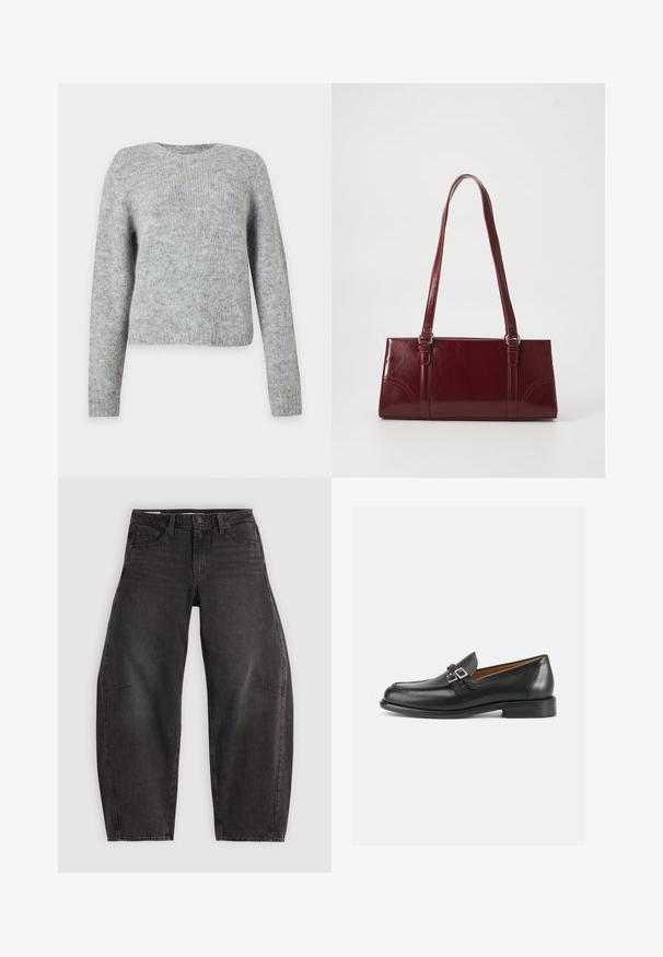 Pull tricoté gris clair à manches longues et col rond, présenté sur un fond blanc uni.; Jean en denim noir avec une coupe décontractée, comportant cinq poches, une fermeture à bouton et un léger dégradé. Le tissu a une texture lisse et résistante.; Mocassins en cuir noir avec un design cousu, comportant un double accent boucle et un talon légèrement surélevé pour plus de hauteur.; Sac à main bordeaux en matériau brillant, de forme rectangulaire, avec deux anses et des accents légèrement courbés à l'avant.