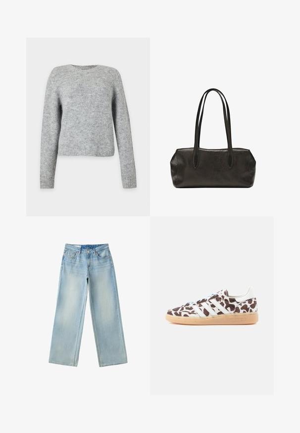 Pull tricoté gris clair à manches longues et col rond, présenté sur un fond blanc uni.; Jean large bleu clair avec poches avant, taille avec fermeture par bouton et détails délavés subtils sur les cuisses.; Baskets Adidas avec un imprimé vache marron et blanc. Comprend des rayures blanches, des lacets bleu clair et une semelle en gomme. Matériau supérieur texturé.; Sac à main rectangulaire en cuir noir avec longues bretelles doubles et finition texturée, présenté sur un fond blanc uni.