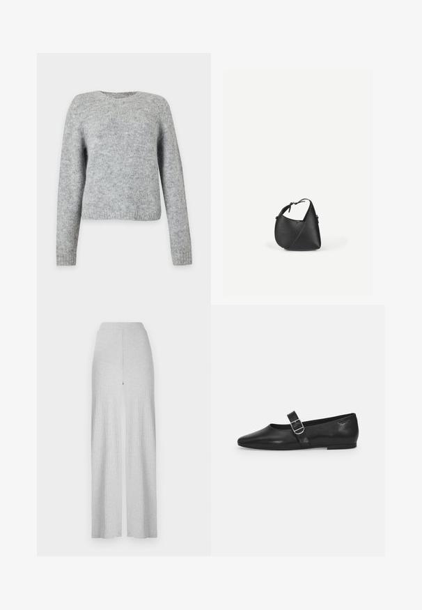 Pull tricoté gris clair à manches longues et col rond, présenté sur un fond blanc uni.; Pantalons larges côtelés gris clair avec une taille haute et une fente avant. Fabriqués en tissu doux avec une texture lisse.; Chaussure plate en cuir noir avec un bout arrondi, une seule sangle réglable à boucle et une texture lisse et brillante. Design minimaliste avec un petit talon.; Sac à bandoulière en cuir noir avec une forme triangulaire arrondie et une sangle réglable sur un fond clair uni.