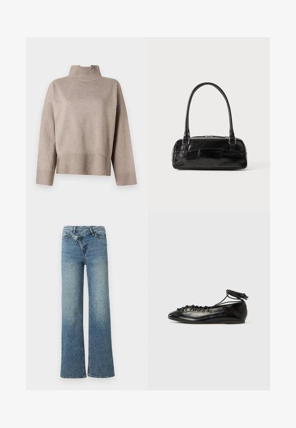 Beige højhalset sweater med ribbet krave og kant, i en rummelig form og blød tekstur. Lange ærmer med ribbede manchetter, moderne design.; Lyseblå denim jeans med vide ben og høj talje, let falmet effekt og knaplukning foran. Har fem lommer og minimal syning.; Sorte balletflade sko i laklæder med rundet tå, snørelukning og flad sål. Glat tekstur med få detaljer.; Sort læderhåndtaske med rektangulær form, der har et enkelt struktureret håndtag, sølvhardware og lynlås-lukning. Glat tekstur.