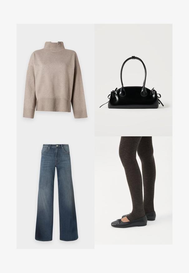 Beige højhalset sweater med ribbet krave og kant, i en rummelig form og blød tekstur. Lange ærmer med ribbede manchetter, moderne design.; Bredde denim jeans i mørkeblå, med en slidteknik, knaplukning og fem-lomme stil. Glat tekstur, minimal syning detaljer.; Ben iført mørke ribbede leggings kombineret med sorte balletsko med små sløjfedetaljer på hvid baggrund.; Lille sort blank håndtaske med to lange håndtag og snøre-detaljer i siden på en ensfarvet lys baggrund.