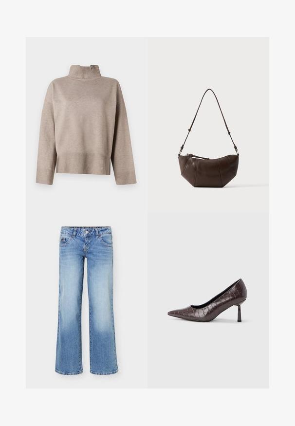Beige højhalset sweater med ribbet krave og kant, i en rummelig form og blød tekstur. Lange ærmer med ribbede manchetter, moderne design.; Lyseblå denimjeans med en let vidde i benene, femlommefacon og knap- og lynlåslukning foran.; Brune kunstlæder stiletter med spidse tæer og krokodilletekstur, der har en slank, vinklet hæl og en glat inderside.; Brun læder skuldertaske med buet bund og justerbar rem mod en ensfarvet lys baggrund.