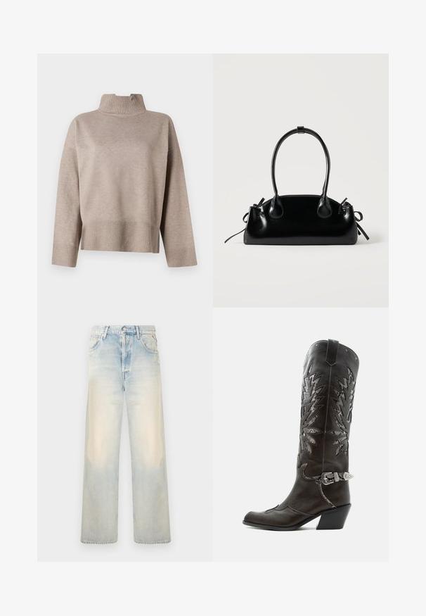Beige højhalset sweater med ribbet krave og kant, i en rummelig form og blød tekstur. Lange ærmer med ribbede manchetter, moderne design.; Lyst vævet denim bredbenede jeans med en falmet finish, fem lommer og en klassisk knaplukning. Blød tekstur og løs pasform.; Sort læder cowboystøvle med dekorative udskæringer, sølvspænde og skrå hæl, vist på hvid baggrund.; Lille sort blank håndtaske med to lange håndtag og snøre-detaljer i siden på en ensfarvet lys baggrund.