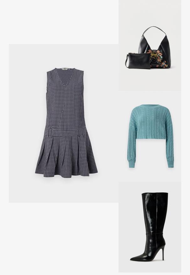 Lyseblå cropped kabelstrik cardigan med lange ærmer og ribbede manchetter og halsudskæring på en hvid baggrund.; Marineblå ternet kjole med V-hals, ærmeløst design, plisseret nederdel og struktureret talje. Fremstillet af letvægtsstof.; Sorte læderknælange støvler med spids tå og høj stilettohæl. Glat tekstur og slank design, med minimalt detaljer.; Sort læderhåndtaske med blomsterbroderi og guldfarvet slange-lås, ledsaget af en mindre sort lynlåspung i samme design.