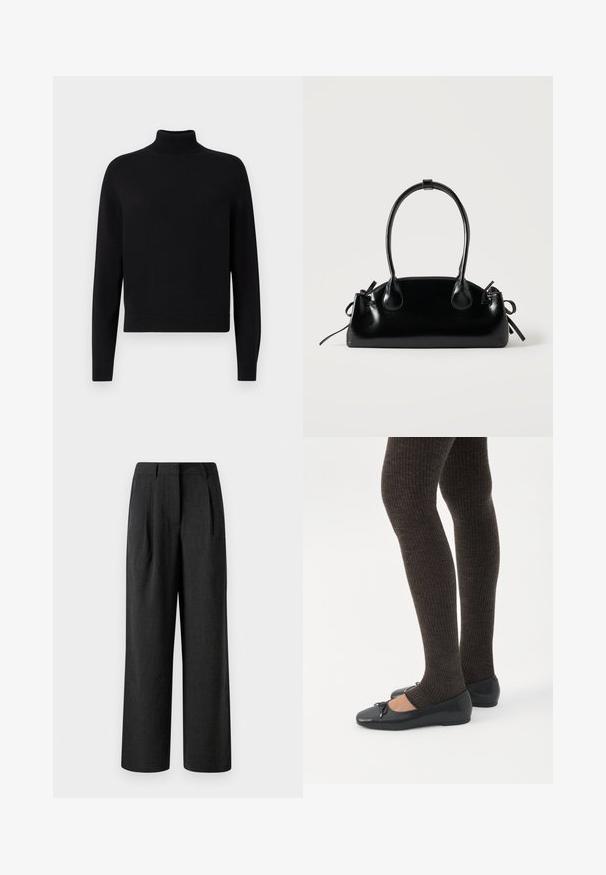 Zwarte turtleneck trui met lange mouwen, geribbelde manchetten en een aansluitende zoom. Zachte textuur, eenvoudig ontwerp en effen kleur zonder patronen.; Zwarte wijdvallende broek van textuurstof, met voorplooien en een op maat gemaakte tailleband, ontworpen voor een losse pasvorm.; Benen met donkere geribbelde leggings gecombineerd met zwarte ballerina's met kleine strikdetails op een witte achtergrond.; Kleine zwarte glanzende handtas met twee lange hengsels en zijkant trekkoord details op een effen lichte achtergrond.