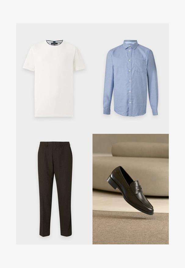 Camiseta de manga corta blanca con patrón texturizado, cuello redondo y ribete a rayas azul marino en el cuello. Tejido ligero. Corte casual.; Camisa de manga larga con botones, patrón de cuadros pequeños en azul y blanco, cuello clásico y bolsillo frontal en el pecho sobre un fondo neutro.; Pantalones marrones de corte recto, con una textura suave, lazos para cinturón y bolsillos laterales. Aptos para vestimenta formal.; Zapato mocasín de cuero negro flotando sobre una alfombra beige con un sofá beige en el fondo, mostrando el diseño clásico para hombres sin cordones.