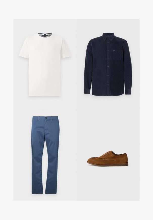 Camiseta de manga corta blanca con patrón texturizado, cuello redondo y ribete a rayas azul marino en el cuello. Tejido ligero. Corte casual.; Camisa de botones de corduroy azul marino de manga larga, con bolsillo en el pecho y cuello, colocada plana sobre un fondo blanco.; Pantalones azul rectos con pasacintos, botón frontal y cierre de cremallera, exhibidos sobre un fondo blanco liso.; Zapato de ante marrón con punta redondeada, costuras decorativas y seis ojales para cordones en contraste. Suela plana y diseño minimalista.