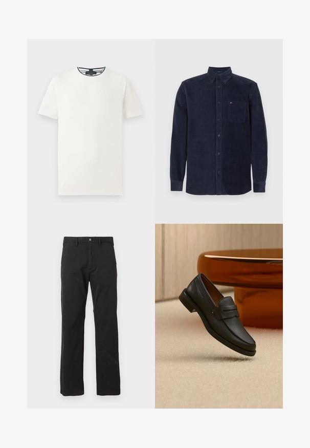 Camiseta de manga corta blanca con patrón texturizado, cuello redondo y ribete a rayas azul marino en el cuello. Tejido ligero. Corte casual.; Camisa de botones de corduroy azul marino de manga larga, con bolsillo en el pecho y cuello, colocada plana sobre un fondo blanco.; Pantalones negros de algodón, con corte recto, bolsillos frontales y cierre con botón, con una textura suave. Sin patrones visibles.; Mocasín de hombre de cuero negro con una banda en la parte superior, exhibido sobre una alfombra beige cerca de una mesa circular moderna marrón.