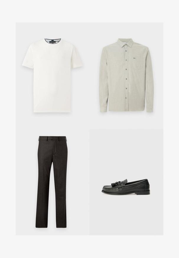 Camiseta de manga corta blanca con patrón texturizado, cuello redondo y ribete a rayas azul marino en el cuello. Tejido ligero. Corte casual.; Camisa de manga larga color beige claro, con botón y cuello, bolsillo en el pecho que presenta un pequeño logo de cocodrilo verde.; Pantalones a medida de color gris oscuro con una textura suave, piernas rectas y una cinturilla estándar, con detalles sutiles a lo largo de los bolsillos.; Mocasines de cuero negro con punta redondeada, borlas decorativas y un diseño cosido. Suela plana con una sutil marca en el lateral.