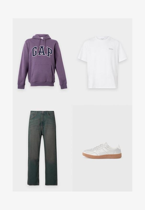 Sweat à capuche violet en mélange de coton, avec une poche kangourou frontale et le logo "GAP" en blanc et marine contrastants. Capuche avec cordons de serrage.; T-shirt blanc à manches courtes en coton, avec un col rond et un petit logo sur la poitrine gauche. Texture lisse, coupe décontractée.; Jean en denim vert foncé avec une coupe droite, doté d'un design classique à cinq poches et de coutures contrastantes le long des coutures.; Baskets argentées avec une texture lisse, un design à lacets, des accents perforés et une semelle en caoutchouc marron texturé.