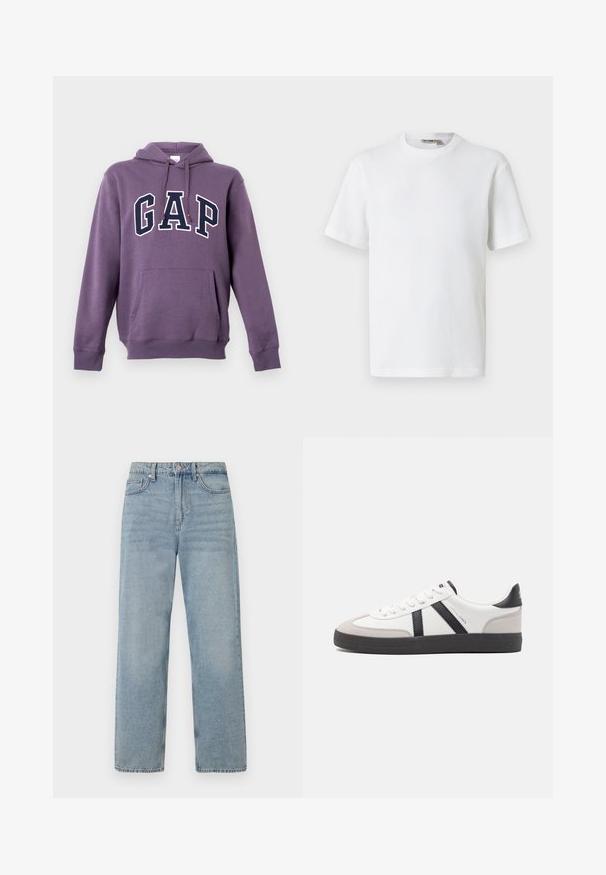 Sweat à capuche violet en mélange de coton, avec une poche kangourou frontale et le logo "GAP" en blanc et marine contrastants. Capuche avec cordons de serrage.; T-shirt blanc à manches courtes en maille gaufrée avec col rond, petite étiquette de marque à l'intérieur du col, présenté sur un fond uni.; Jean en denim bleu clair à taille haute, coupe droite, avec cinq poches et un léger délavage pour un effet usé.; Baskets blanches avec des accents noirs et gris, présentant un embout texturé gris, une semelle en caoutchouc noir et des lacets plats blancs. Design épuré, style minimaliste.