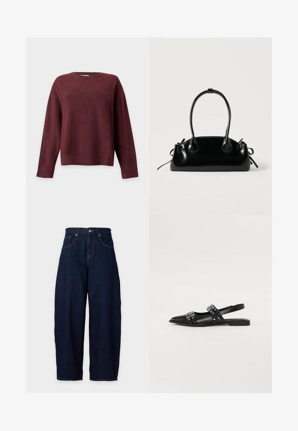 Pull manches longues col rond de couleur bordeaux foncé avec poignets et ourlet côtelés, présenté sur un fond gris clair uni.; Jean en denim bleu foncé à jambes larges, fermeture avant par bouton et zip, passants de ceinture et poches avant sur fond clair.; Even&Odd Ballerines à brides arrière - black; Petit sac à main noir brillant avec deux longues anses et des détails à cordon sur les côtés sur un fond clair uni.