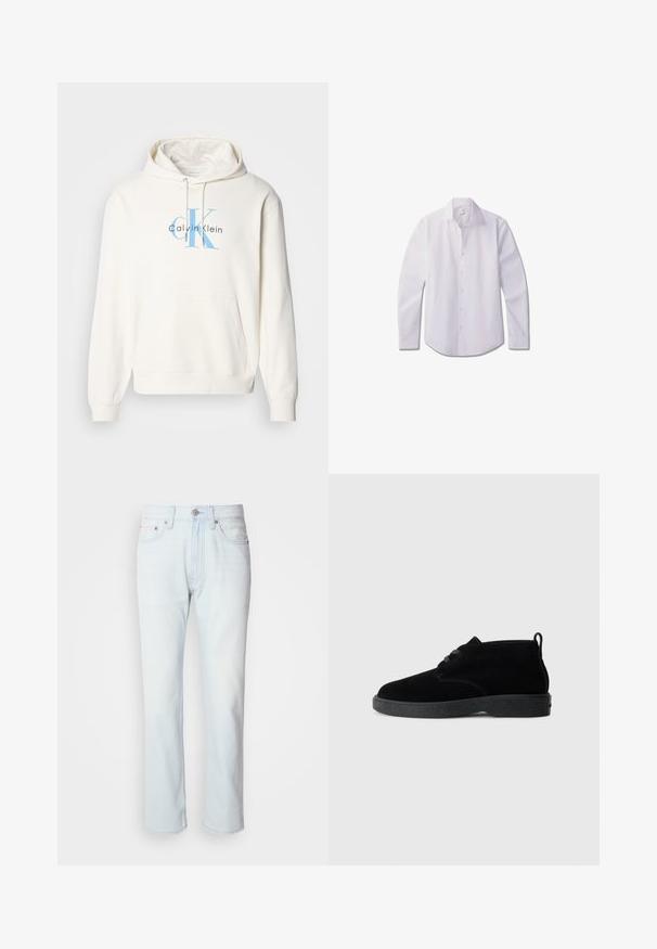 Sudadera crema con bolsillo delantero tipo canguro, capucha con cordón y logo azul de Calvin Klein impreso en el pecho. Material de algodón suave.; Camisa blanca de manga larga con botones, confeccionada en tela lisa, con cuello clásico, tapeta frontal con botones y dobladillo redondeado.; Jeans de mezclilla azul claro con corte recto. Cuentan con un cierre de botón y pasadores para cinturón, mostrando una textura desgastada y costuras mínimas.; Botas de tobillo de ante negro con punta redondeada, diseño de cordones, suela de goma negra y una lengüeta en la parte trasera para facilitar su uso.