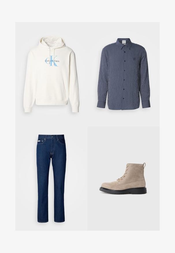 Sudadera crema con bolsillo delantero tipo canguro, capucha con cordón y logo azul de Calvin Klein impreso en el pecho. Material de algodón suave.; Camisa de botones azul marino con rayas verticales blancas, de mangas largas, cuello puntiagudo y logo bordado en el pecho.; Jeans de denim azul oscuro con un diseño de pierna recta, que cuentan con una cremallera y cierre de botón, cinco bolsillos y detalles de costura sutiles.; Botines de ante beige con suela de goma negra, diseño con cordones y un pequeño logotipo grabado en el lateral, que cuenta con una lengüeta en la parte posterior.