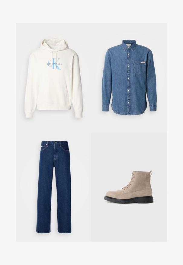 Kreemikaalne kapuutsiga jättetaskuga pusakar, tõmbluku kapuutsiga ja sinine Calvin Klein logo prinditud rinnal. Pehme puuvillane materjal.; Keskmise sinise värvusega denimpooltüübi särk, millel on nupuga krae, pikad varrukad, eesmine tasku ja valged nupud. Omab veidi kõverat alumist serva.; Tumedat sinised teksapüksid laia säärega, millel on nupulehe ja klassikaline viie taskuga stiil. Kangas on sileda tekstuuriga.; Bež nubukist rinna saapad musta kummist tallaga, nöörimise disainiga, väikese logoga embossinguga küljel ning tagaküljel tõmbeasa.