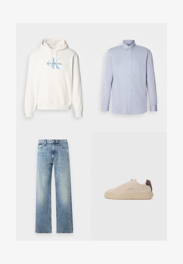 Sudadera crema con bolsillo delantero tipo canguro, capucha con cordón y logo azul de Calvin Klein impreso en el pecho. Material de algodón suave.; Camisa de botones de manga larga en azul claro, hecha de algodón con una textura suave, que presenta un cuello clásico y botones en la parte delantera.; Vaqueros de mezclilla azul claro de corte recto con cintura alta, cinco bolsillos, cierre de botón y sutil desgaste en los muslos y las rodillas.; Zapatilla de ante beige con punta redondeada, cordones en la parte frontal y un acento de ante marrón en el talón. Cuenta con una suela de goma texturizada.