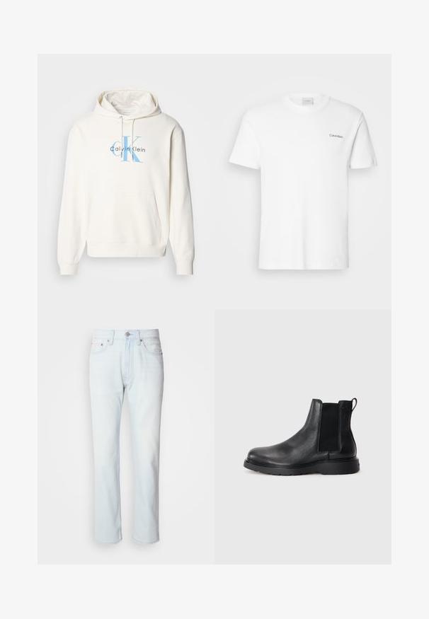 Sudadera crema con bolsillo delantero tipo canguro, capucha con cordón y logo azul de Calvin Klein impreso en el pecho. Material de algodón suave.; Camiseta de algodón blanca con mangas cortas y un escote en forma de cuello redondo. Presenta un pequeño logotipo negro de "Calvin Klein" en el lado izquierdo del pecho.; Jeans de mezclilla azul claro con corte recto. Cuentan con un cierre de botón y pasadores para cinturón, mostrando una textura desgastada y costuras mínimas.; Botas Chelsea de cuero negro con acabado texturizado, paneles laterales elásticos y una suela de goma resistente. Marca sutil en el talón.