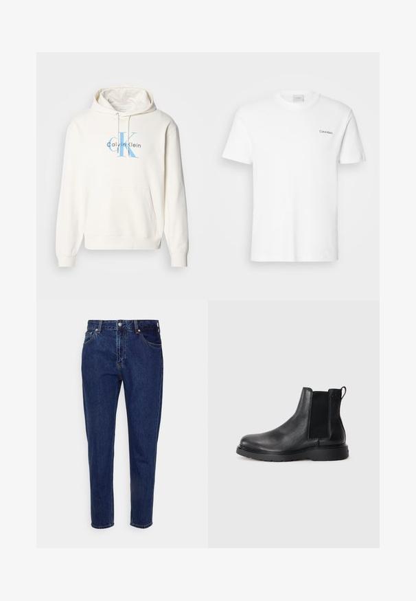 Cremfarbener Hoodie mit einer vorderen Kängurutasche, verstellbarem Kapuzenzug und blauem Calvin Klein Logo auf der Brust. Weiches Baumwollmaterial.; Weißes Baumwoll-T-Shirt mit kurzen Ärmeln und Rundhalsausschnitt. Mit einem kleinen schwarzen "Calvin Klein"-Logo auf der linken Brust.; Dunkelblaue Jeans mit geradem Bein, vorderer Knopf- und Reißverschluss, Gürtelschlaufen sowie Vorder- und Gesäßtaschen.; Schwarze Leder-Chelsea-Boots mit strukturiertem Finish, elastischen seitlichen Einsätzen und einer robusten Gummisohle. Dezentes Branding an der Ferse.