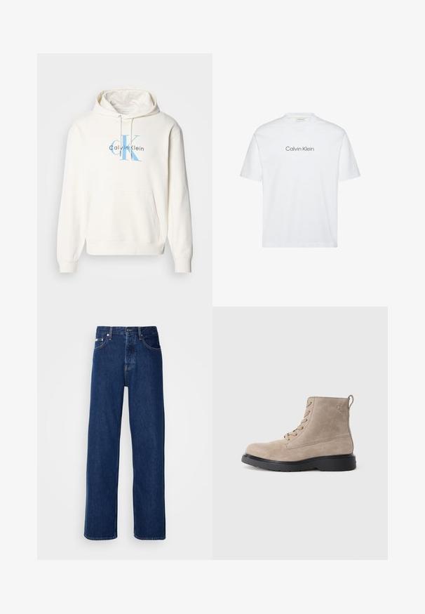 Sudadera crema con bolsillo delantero tipo canguro, capucha con cordón y logo azul de Calvin Klein impreso en el pecho. Material de algodón suave.; Camiseta blanca de algodón con mangas cortas. Presenta un cuello redondo y un logo impreso de "Calvin Klein" en gris en el pecho.; Vaqueros de mezclilla azul oscuro con un diseño de pierna ancha, que presentan un cierre de botón y el clásico estilo de cinco bolsillos. La tela tiene una textura suave.; Botines de ante beige con suela de goma negra, diseño con cordones y un pequeño logotipo grabado en el lateral, que cuenta con una lengüeta en la parte posterior.
