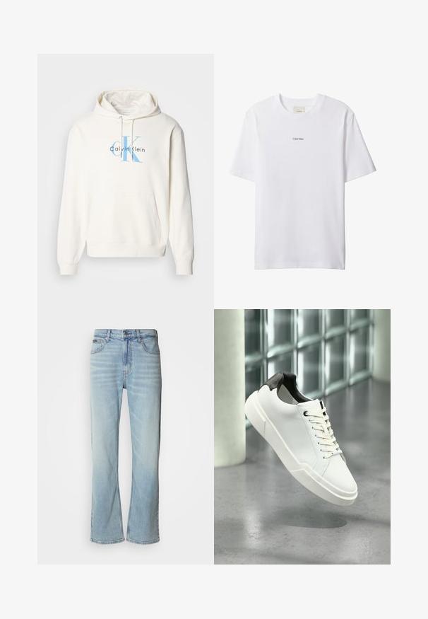 Sudadera crema con bolsillo delantero tipo canguro, capucha con cordón y logo azul de Calvin Klein impreso en el pecho. Material de algodón suave.; Camiseta blanca de algodón con cuello redondo y mangas cortas. Cuenta con un pequeño logo negro de "Calvin Klein" centrado en el pecho.; Jeans de mezclilla azul claro con corte recto, que cuentan con cinco bolsillos, un cierre de botón y un ligero desvanecimiento en la tela.; Zapatilla blanca de perfil bajo con lengüeta del talón texturizada en negro, cordones blancos y suela gruesa sobre un suelo de cemento pulido cerca de bloques de vidrio.