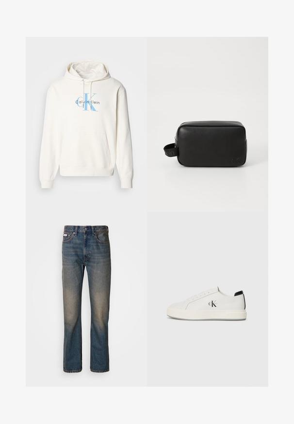 Sudadera crema con bolsillo delantero tipo canguro, capucha con cordón y logo azul de Calvin Klein impreso en el pecho. Material de algodón suave.; Vaqueros de tiro alto en denim azul, con un diseño de pierna recta, parches desgastados y descoloridos, y un estilo tradicional de cinco bolsillos.; Zapatillas de cuero blanco con puntera redondeada, suela de goma plana y acento negro en el talón. Presenta un destacado logo negro de Calvin Klein en el costado.; Neceser de piel negra con forma rectangular, superficie texturizada, cierre de cremallera y un asa lateral con un acento de logo.