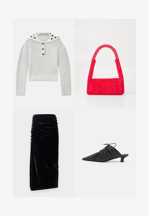 Pull gris clair en tricot côtelé avec une coupe courte, agrémenté d'une patte de boutonnage et d'une capuche ornée d'accents en forme de fleurs.; Rabanne Jupe crayon - black; Mules noirs en cuir à enfiler avec un bout pointu, une texture froncée et un petit talon aiguille. Présente un détail à cordon au niveau de l'ouverture.; Sac à main rouge en plastique perlé, avec une base carrée et une poignée incurvée. La surface présente une finition texturée et brillante avec un motif de perles.