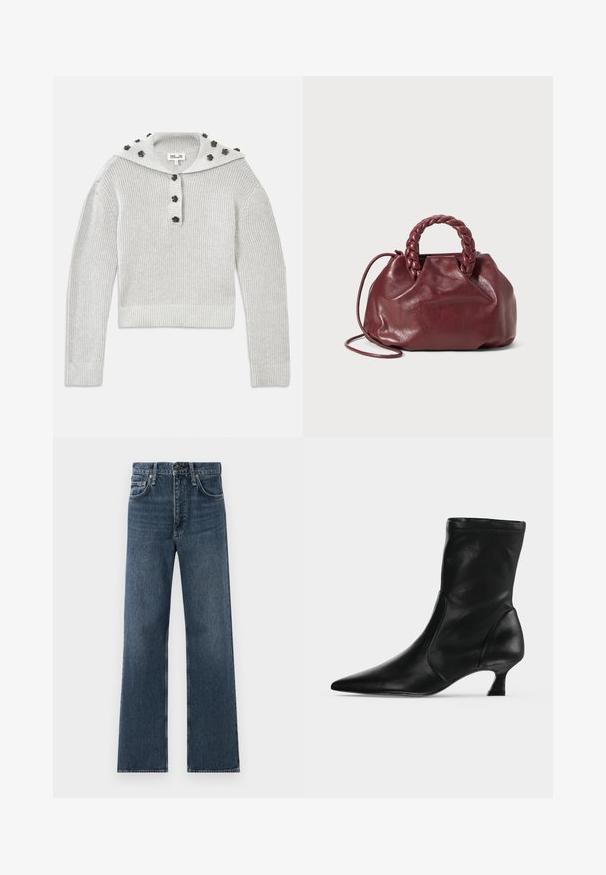 Lys grå, ribbet striktrøje med en cropped design, samlet med en knaplukning og en hætte udsmykket med blomstformede accenter.; Blå straight-leg denim jeans med fem lommer og knaplukning, vist mod en hvid baggrund.; Sort læderstøvle til midt på læggen med spids tå og lav kittenhæl, vist fra siden på en ensartet lys baggrund.; Burgundy lædertaske med et flet-håndtag, blød tekstur og en rund form. Har en aftagelig skulderrem for alsidighed.
