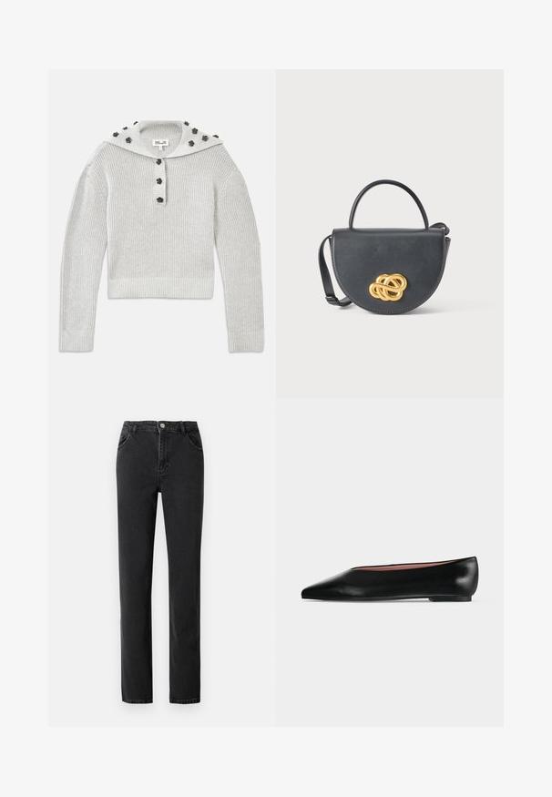 Suéter de punto acanalado en gris claro con un diseño recortado, combinado con una tapeta abotonada y una capucha adornada con acentos en forma de flores.; Jeans de mezclilla negra con una cintura alta, diseño de pierna recta, cinco bolsillos y cierre de botón con herrajes de metal.; Zapato plano negro de cuero para mujer con punta puntiaguda y tacón bajo, mostrado de lado sobre un fondo liso gris claro.; Bolso de cuero negro con forma redondeada, asa superior y correa desmontable. Presenta un destacado nudo dorado en la parte frontal.