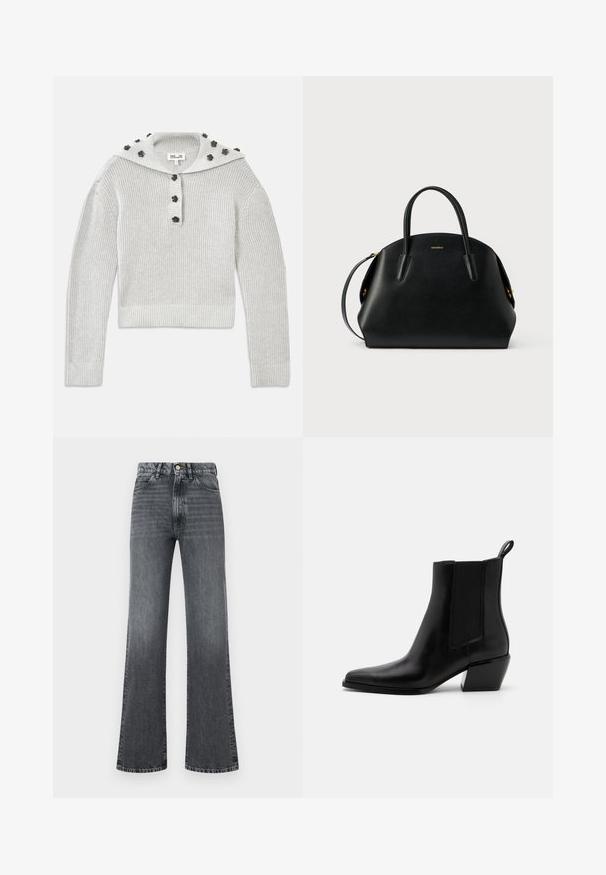 Pull gris clair en tricot côtelé avec une coupe courte, agrémenté d'une patte de boutonnage et d'une capuche ornée d'accents en forme de fleurs.; Jeans en denim gris évasés avec une taille haute, un design à cinq poches, une fermeture à bouton et un dégradé de texture subtil du haut vers le bas.; Bottines en cuir noir avec un bout pointu, des panneaux élastiques sur les côtés et un petit talon carré. Elles disposent d'une languette au talon pour un enfilage facile.; Sac à main en cuir noir avec deux poignées et une bandoulière amovible, dessus incurvé et petit logo de la marque doré au centre devant.