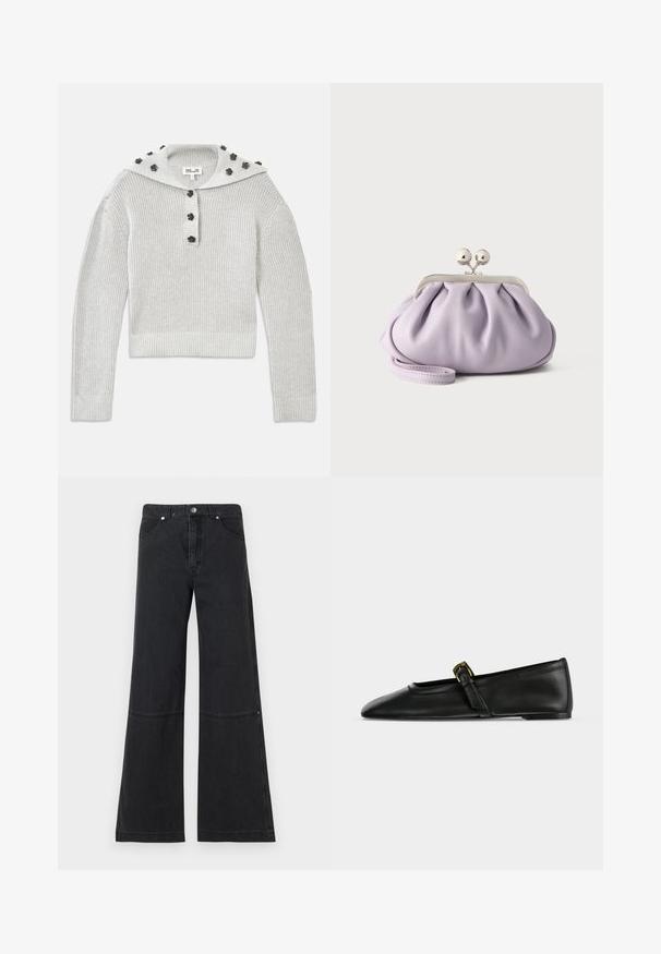 Pull gris clair en tricot côtelé avec une coupe courte, agrémenté d'une patte de boutonnage et d'une capuche ornée d'accents en forme de fleurs.; Jeans noirs à jambes larges en denim, avec une taille haute, des poches avant, et un détail de couture subtil au niveau des genoux. Fermeture par bouton en métal.; Chaussure plate Mary Jane en cuir noir à bout pointu avec une fine bride munie d'une petite boucle dorée, présentée de côté sur un fond uni.; Pochette lavande douce avec tissu froncé, fermoir kiss-lock argenté et bracelet assorti sur un fond clair uni.