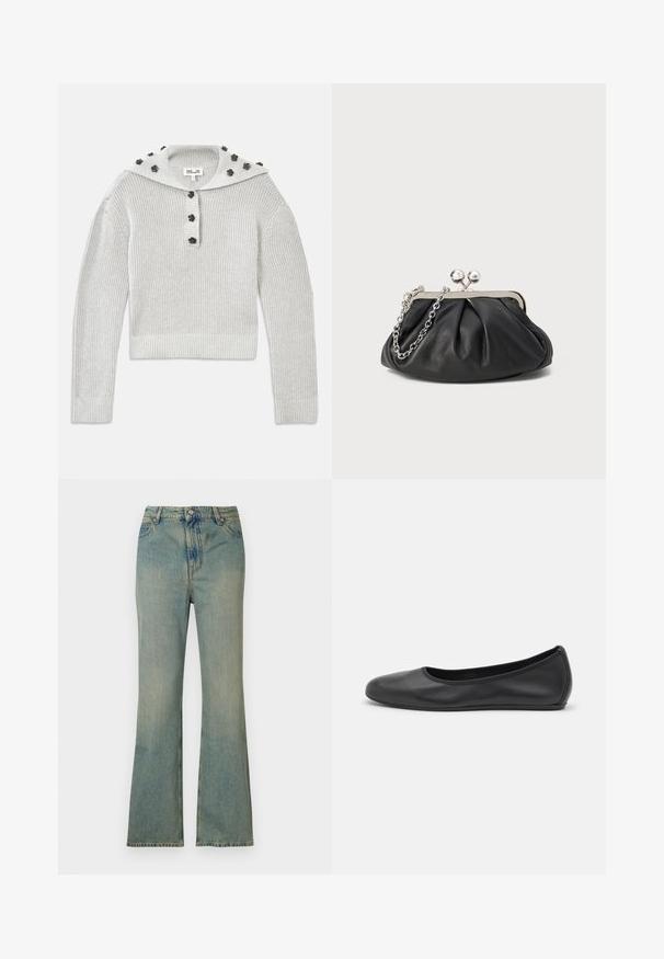 Lichtgrijze, geribbelde gebreide trui met een cropped ontwerp, verbonden door een knoopsluiting en een capuchon versierd met bloemvormige accenten.; Lichtblauwe spijkerflared jeans met een hoge taille, vijf zakken en een rits. Schoon, vervaagd uiterlijk met subtiele stikdetails.; Zwarte leren ballerina met een ronde neus, gladde textuur, minimale stikdetails en een flexibele zoolontwerp.; Zwarte leren clutch met geplooide textuur, zilverkleurig metalen frame, drukknopsluiting en kettingriem. Glad, zacht oppervlak.