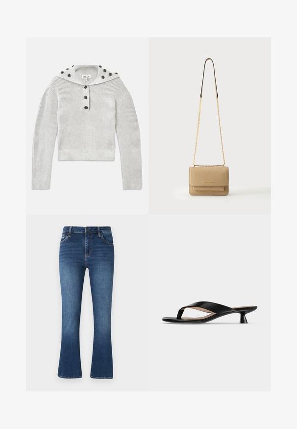 Suéter de punto acanalado en gris claro con un diseño recortado, combinado con una tapeta abotonada y una capucha adornada con acentos en forma de flores.; Jeans acampanados de color azul oscuro hechos de denim, con un diseño clásico de cinco bolsillos, presillas para cinturón y sutiles detalles de desgaste en la tela.; Sandalia de cuero negra con tiras tipo tanga, tacón bajo de tipo kitten y puntera ligeramente cuadrada sobre fondo gris claro liso.; Bolso bandolera de piel beige texturizada con correa de cadena dorada y cierre de solapa, forma rectangular compacta, logo de Michael Kors en la parte frontal.