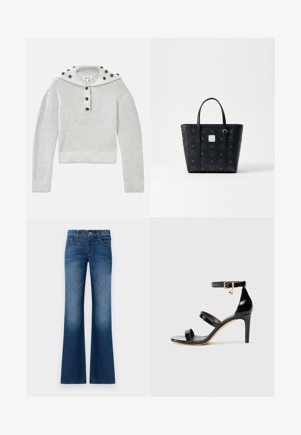 Lys grå, ribbet striktrøje med en cropped design, samlet med en knaplukning og en hætte udsmykket med blomstformede accenter.; Bredbukser i mørkeblåt denim med en glat overflade, fem-lomme design, frontknaplukning og subtilt slid nær kanten.; Sorte patenterede lædersandaler med tre stropper, ankelspænde og 10 cm stiletthæl. Har detaljer i guld og et logo charms.; Sort læder tote-taske med tekstureret overflade, der har dobbelthåndtag og kvadratisk logoaccent. Monogrammønster dækker ydersiden.