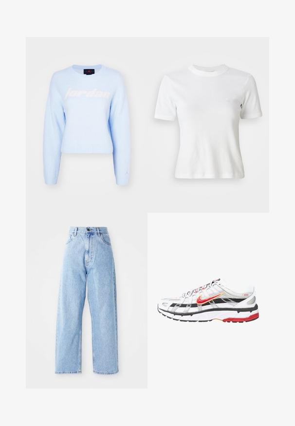 Lyseblå cropped sweater lavet af blødt, tekstureret stof. Har et stort hvidt "jordan" logo på fronten og et lille logo på ærmet.; Hvid ribbet kortærmet T-shirt med rund halsudskæring og et lille logo på brystet. Lavet af blødt stof med en tætsiddende pasform.; Højhalset lysblå denimjeans med lige vide ben, frontknap, lynlås lukning samt front- og baglommer.; Hvide og sorte atletiske sko med røde og gyldne accenter. Har en mesh-overdel, polstret sål og et sikkert snøredesign.