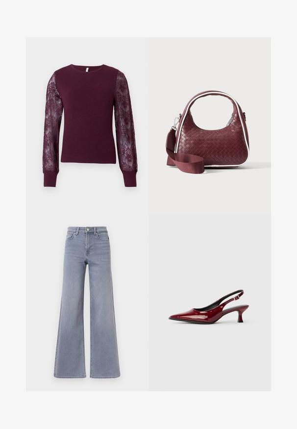 Pull en tricot bordeaux avec de longues manches en dentelle transparente. Texture côtelée aux poignets et sur le corps, avec un col rond classique.; Jean en denim bleu clair, taille haute, jambes larges, avec fermeture à boutons et fermeture éclair à l'avant, poches avant et arrière, présenté sur fond blanc.; Escarpins à talons aiguilles en cuir verni bordeaux, avec un bout pointu et un élégant talon stiletto. Design à dos ouvert avec une sangle à la cheville réglable.; Sac à main en cuir tressé marron foncé avec poignée courbée, garniture blanche, fermeture éclair argentée et bandoulière large en tissu amovible sur fond uni.