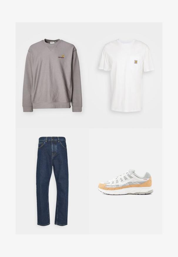 Sweatshirt gris avec un col rond, des poignets côtelés et un logo discret brodé en jaune et bordeaux. Fabriqué en tissu doux et texturé.; T-shirt en coton blanc à manches courtes, avec une poche poitrine et un petit patch logo carré en orange et blanc sur la poche.; Jean droit bleu foncé avec bouton devant, fermeture éclair et poches, présenté sur fond blanc.; Baskets blanches et grises avec des accents orange clair, en mesh et cuir, avec une semelle texturée et un motif géométrique sur les côtés.