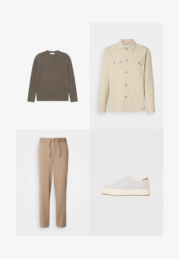 Ribbet strikket sweater i jordnær brun farve, med rund halsudskæring og lange ærmer, med en tekstureret overflade og en subtil brandingetiket.; Beige skjorte med knapper lavet af glat stof, har to brystlommer, en klassisk krave og fem frontknapper. Lange ærmer med manchetter, der kan lukkes med knap.; Beige sweatpants lavet af blød bomuld, med elastisk talje, snor i livet, slim fit og lige ben uden mønstre.; Lys grå sneakers med en glat syntetisk overdel, rund tå og en struktureret crème mellemsål. Lysebrune accenter på hælen.
