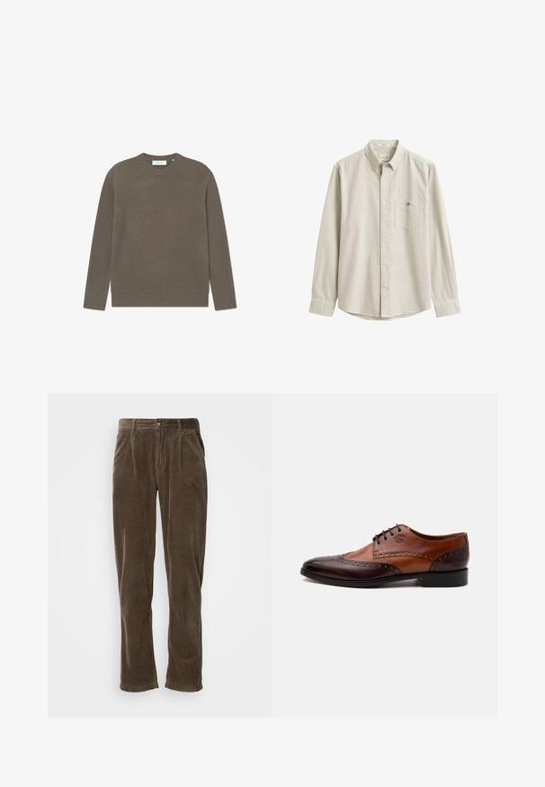 Pull en maille côtelée de couleur brun terreux, avec un col rond et des manches longues, doté d'un fini texturé et d'une étiquette de marque discrète.; Chemise beige et blanche à rayures verticales, à manches longues, boutonnée, avec col et poche poitrine, présentée à plat sans personne.; Pantalon en velours côtelé marron avec une coupe droite, présentant des côtes verticales, une fermeture par bouton et deux plis à l'avant pour un détail supplémentaire.; Chaussure habillée homme en cuir marron bicolore avec détails brogue et fermeture à lacets, vue de côté sur fond blanc.