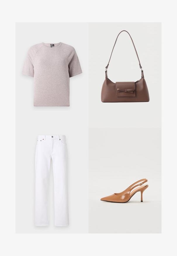 Helles beige T-Shirt mit kurzen Ärmeln, aus weichem, strukturiertem Stoff, mit rundem Halsausschnitt und Raglanärmeln.; Weiße Denim-Jeans mit geradem Bein, ausgestattet mit fünf Taschen, Kupfernieten, einem Metallknopfverschluss und einem strukturierten Stoffmuster.; Spitz zulaufender Slingback-Absatz aus einem glatten, glänzenden, tanfarbenen Material. Mit einem geschwungenen Ausschnitt-Design und einem schlanken Stiletto-Absatz. Silberne Schnallendetails.; Braune Leder-Umhängetasche mit einer vorderen Klappentasche, die ein gestepptes Schleifendetail und einen verstellbaren Riemen aufweist.