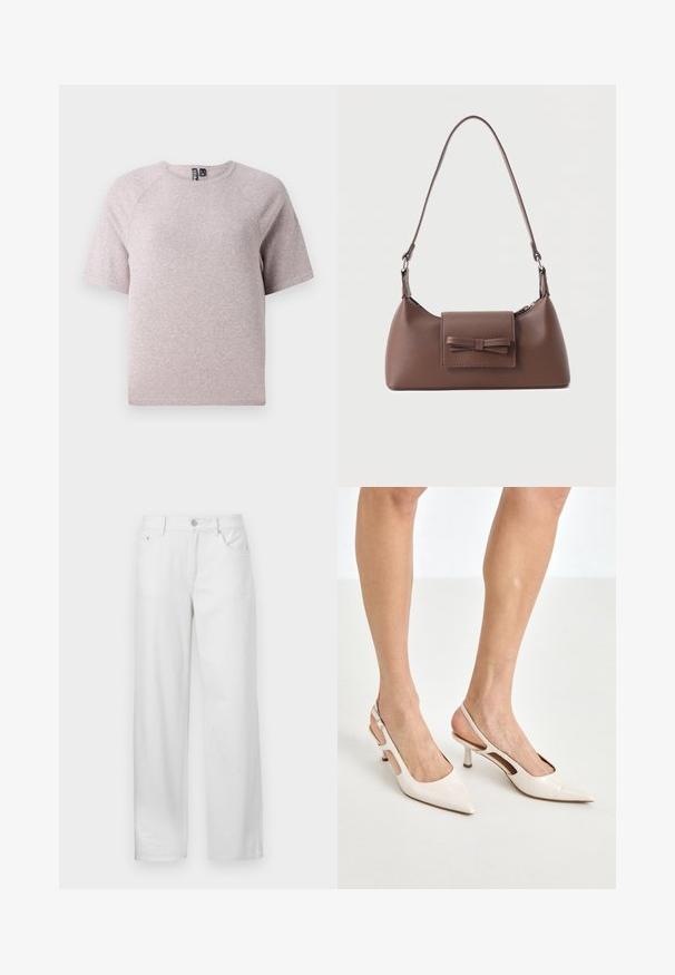 Camiseta de manga corta color beige claro, hecha de una tela suave y texturada, con un escote redondo y mangas raglán.; Pantalones de mezclilla blanca con un corte holgado, que cuentan con un cierre de botón y cremallera, trabillas para cinturón y un diseño tradicional de cinco bolsillos.; Tacones slingback de charol beige con punta afilada y un tacón de 5 cm, con lados recortados y una delgada correa en el tobillo.; Bolso bandolera de cuero marrón con un bolsillo frontal de solapa que presenta un detalle de moño cosido y una correa ajustable.