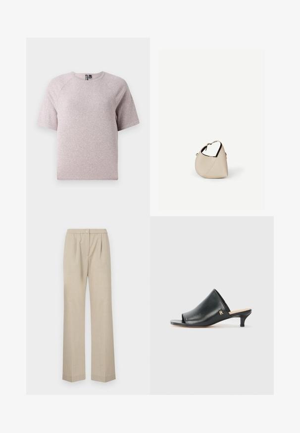 Camiseta de manga corta color beige claro, hecha de una tela suave y texturada, con un escote redondo y mangas raglán.; Pantalones beige claros con pierna recta, cinturilla elástica y un solo botón en la parte frontal. Fabricados con una tela texturizada.; Mules de cuero negro de punta abierta con un tacón bajo. Presentan una superficie lisa y un acento del logo dorado en el costado.; Bolso de cuero beige en forma de media luna con una sola correa para el hombro y costuras mínimas, colocado sobre un fondo blanco liso.